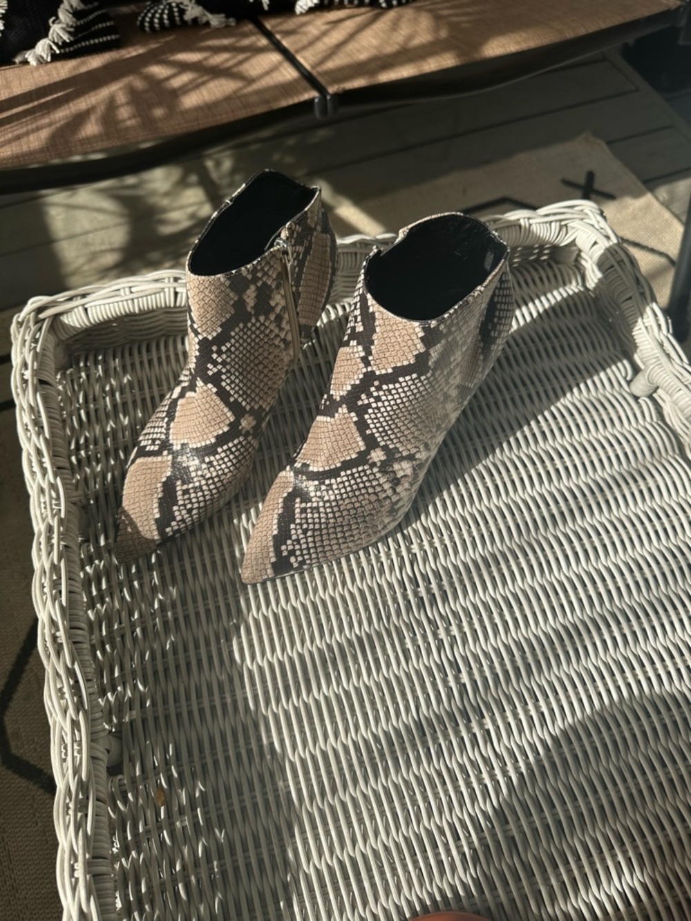 Nine West Snake-Print Pointed Ankle Boots in Beige and Black